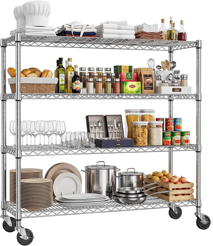 IZEUK 4-Tier Chrome Wire Shelving Unit with Wheels, Heavy Duty Storage Rack 1400 LBS Capacity, Rolling Display Shelf for Restaurant Kitchen Garage Warehouse Pantry, 17.7" D x 47.2" W x 59.1" H
