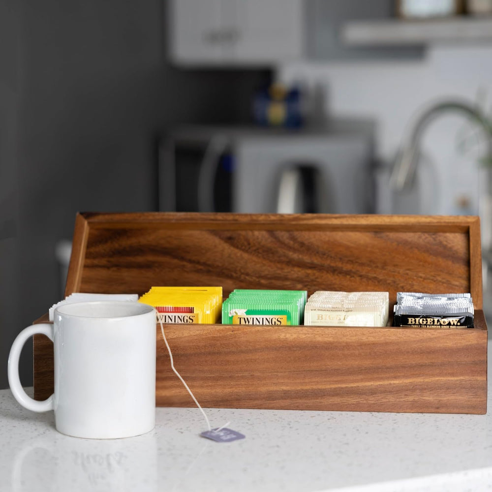Ironwood Gourmet Large 5 Compartment Tea Box, Acacia Wood Tea Bag Organizer W...