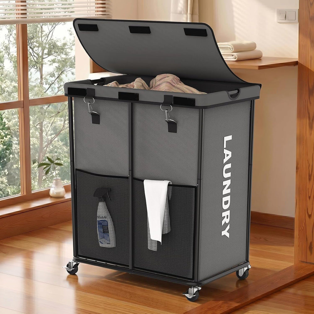 Laundry Hamper with Wheels and Lid, 225L Large Rolling Laundry Basket Gray