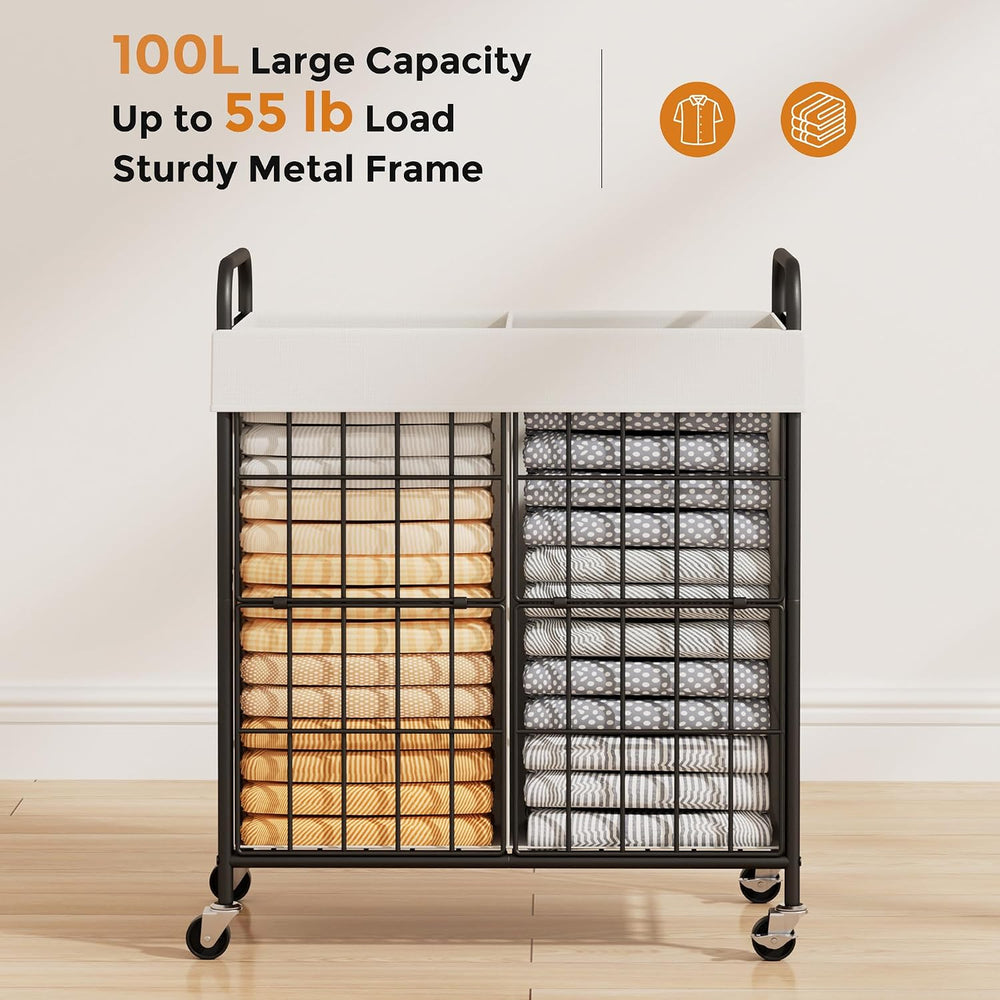 100L 2-Section Laundry Hamper with Wheels, Laundry Basket with Liner Bag