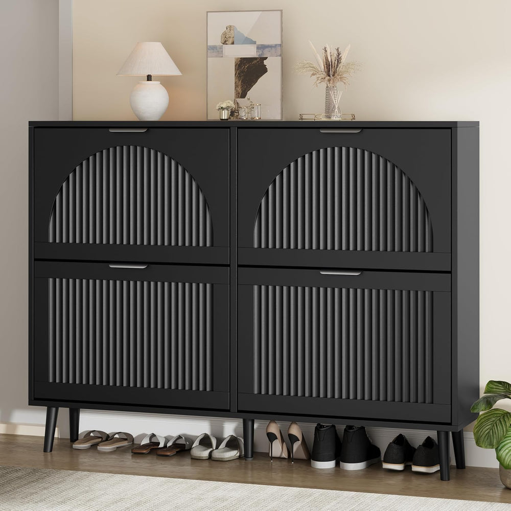 Shoe Storage Cabinet with 4 Flip Drawers, Narrow Wood Shoe Organizer Cabinet ...