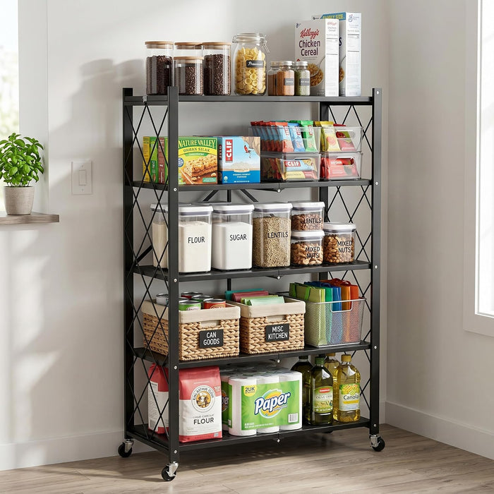 5-Tier Foldable Storage Shelves with Wheels, Heavy-Duty Metal Rolling Rack, No-Tool Collapsible Organizer, Mobile Utility Shelf for Kitchen, Pantry, Garage, Office (Black)