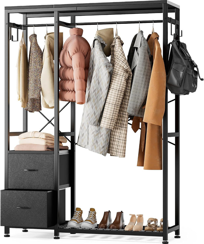 Lulive Clothes Rack with 2 Rods, Shelves, Drawers & Hooks, Garment Rack