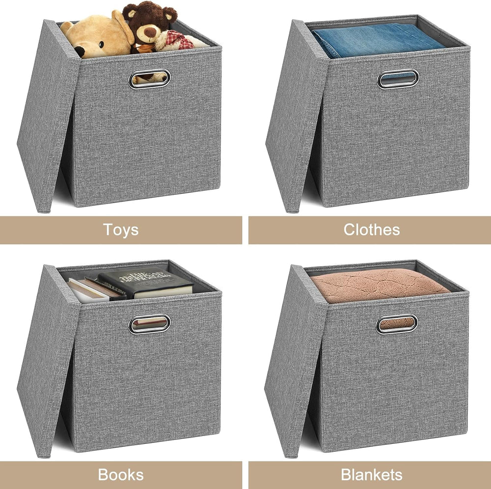 Linen Storage Bins with Lids,13 x 13 Inch Foldable Fabric Cube Baskets Boxes ...