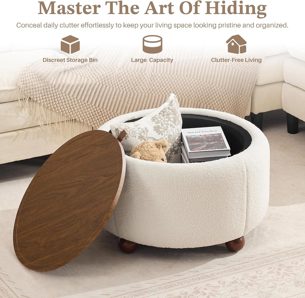 Round Storage Ottoman Coffee Table with Removable Top & Solid Wood Legs