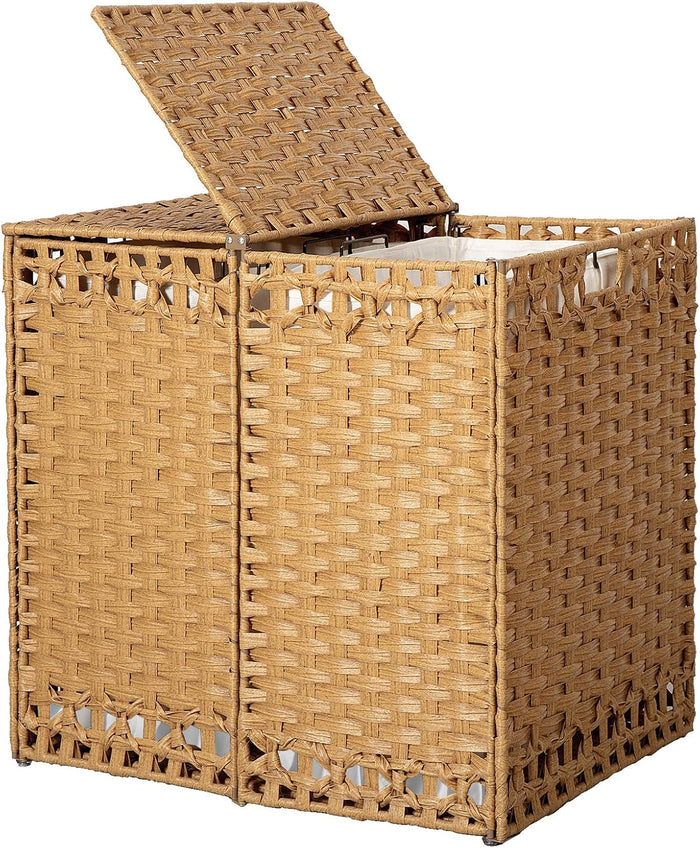130L Foldable Laundry Hamper with Lid - Handwoven Rattan Storage Basket, 2-Section Clothes Hamper w/2 Removable Liner Bags, Easy Assembly, Portable for Bedroom Bathroom Dorm,Natural