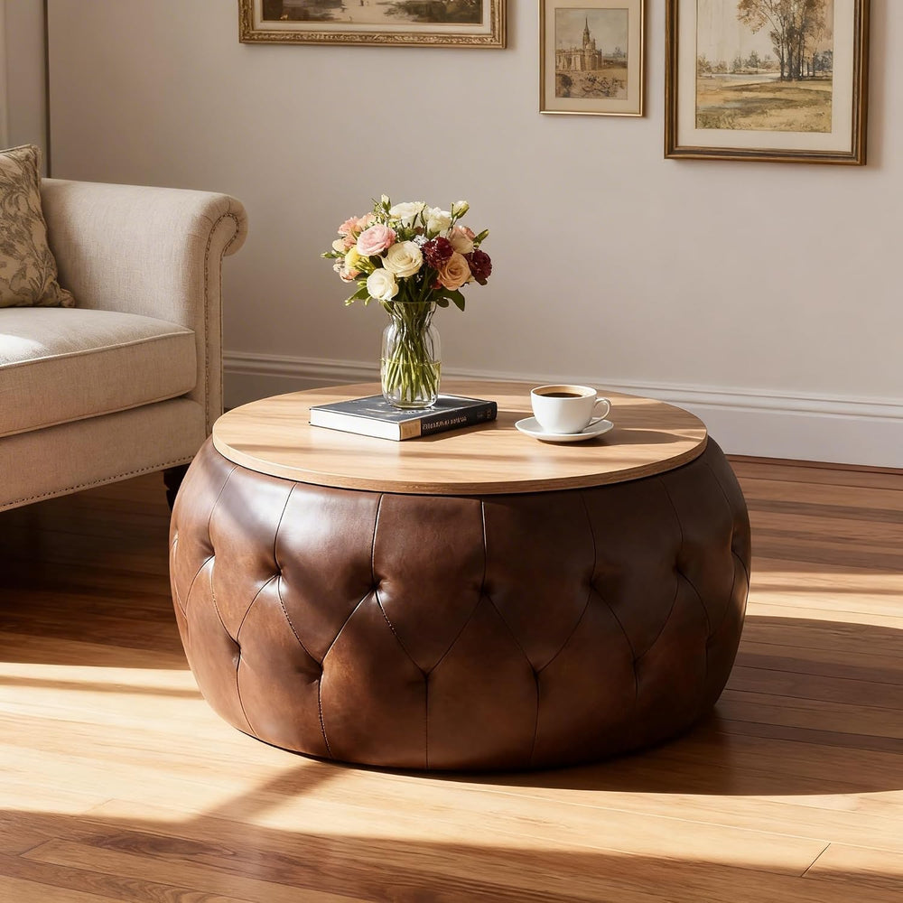 YDcosyfy 25 Inches Large Round Storage Ottoman, Modern Upholstered Ottoman Co...