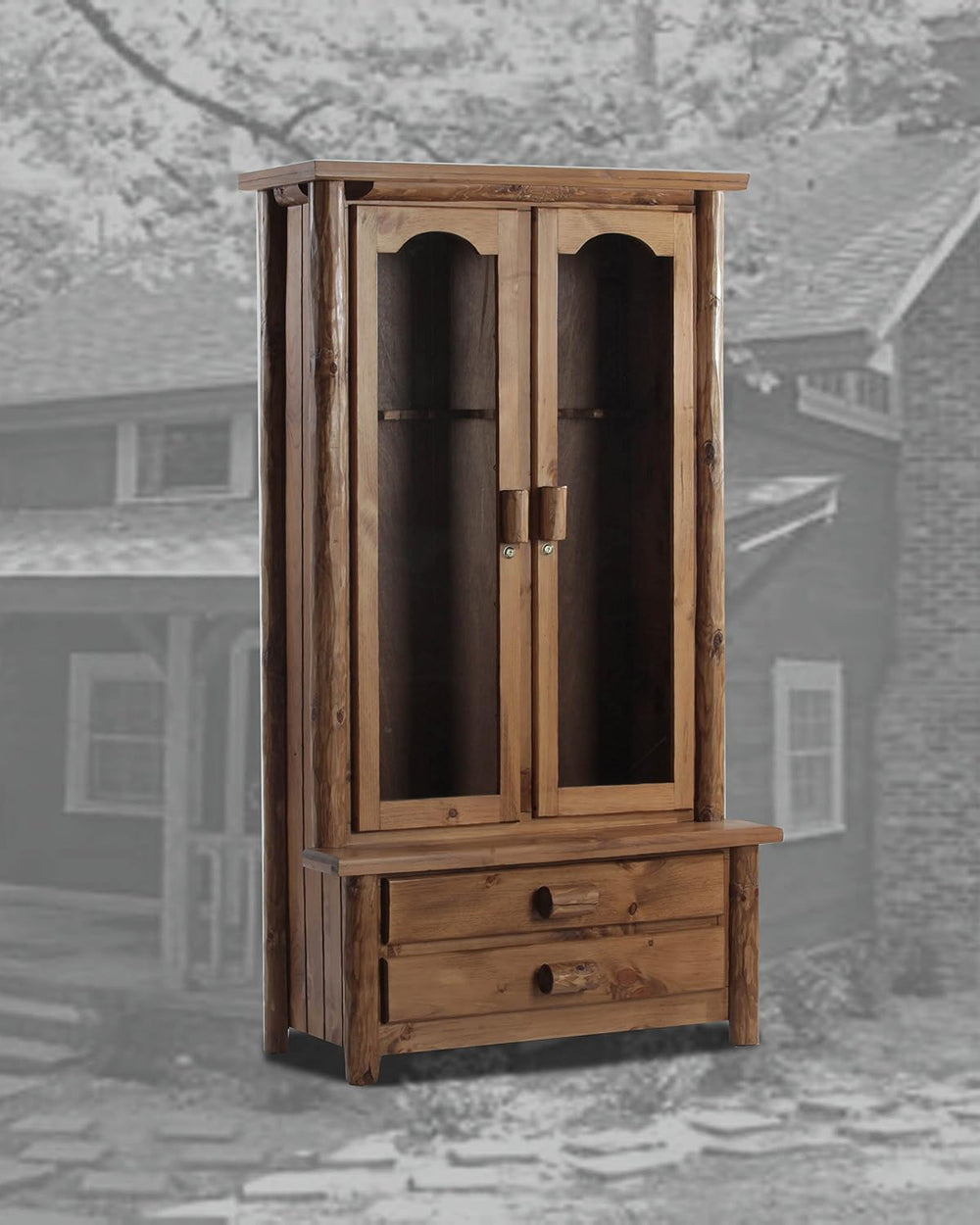 Rustic Log Corner Cabinet with Glass Doors – Solid Pine Wood Display Cabinet ...