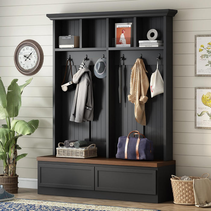 4-in-1 Hall Tree with Wood Grain Bench, Entryway Shoe Storage Organizer with Coat Rack, 2 Large Drawers, and 6 Golden Hooks for Hallway, Foyer Organizer Furniture, Black
