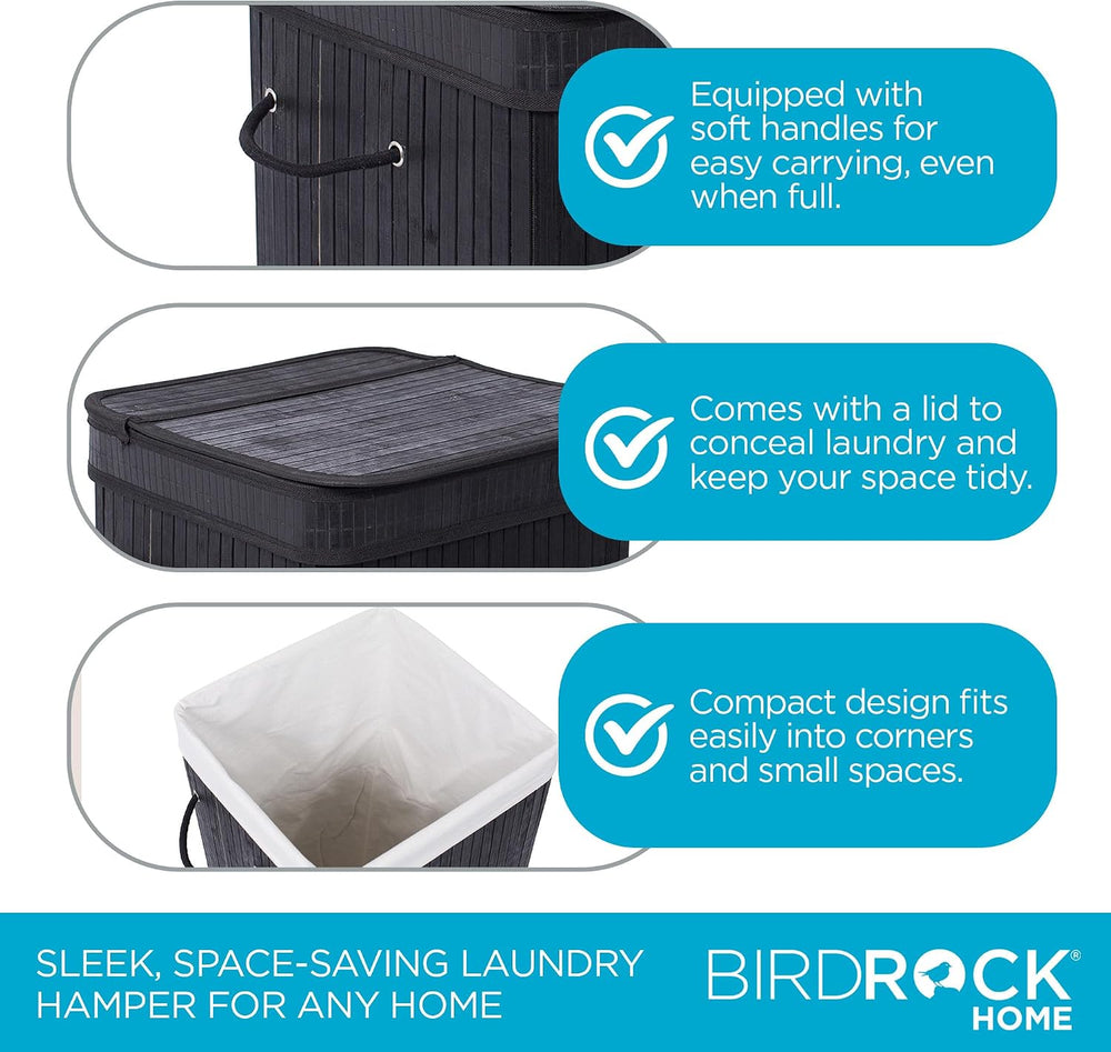 BIRDROCK HOME Square Laundry Hamper with Lid and Cloth Liner, Medium Basket w...