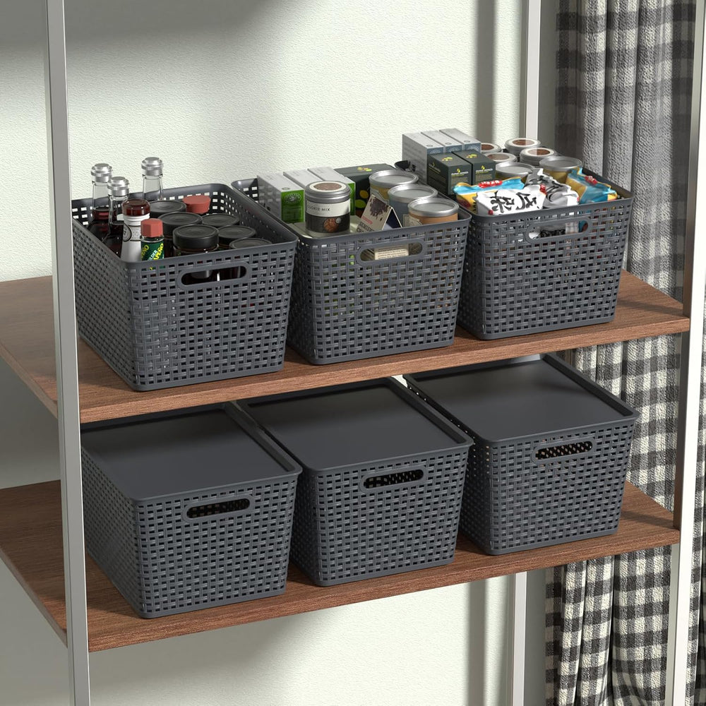 6 Packs Large Plastic Storage Basket Bin with Lid, Tall