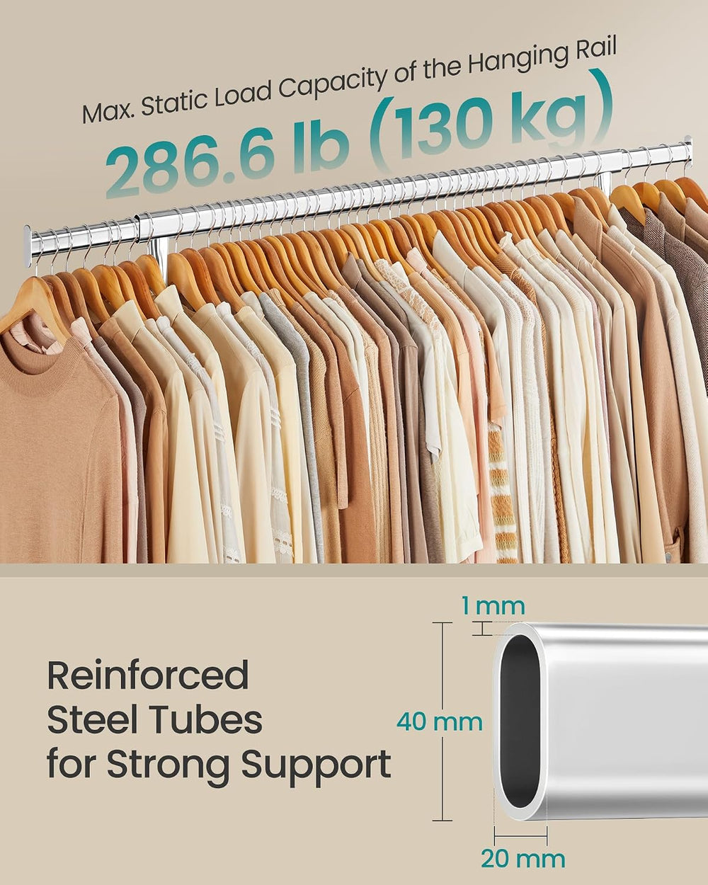 SONGMICS Clothes Rack with Wheels, Heavy-Duty, Extendable Hanging Rod