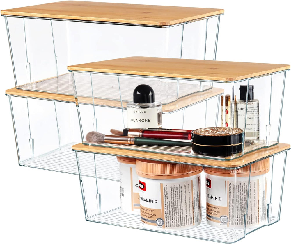 Hudgan 4 Pack Clear Plastic Storage Bins with Bamboo Lids, Stackable Storage ...