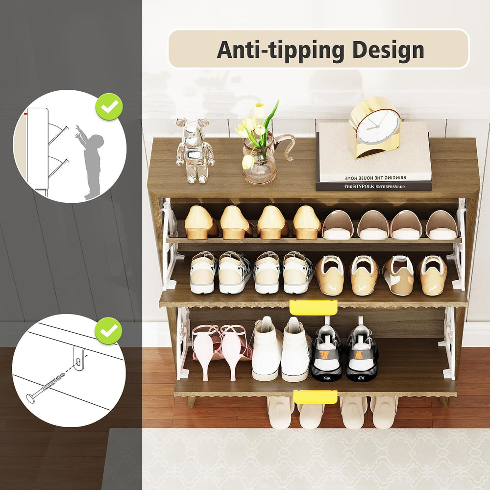 KIGOTY Narrow Shoe Storage Cabinet, Shoe Cabinet with 2 Flip Drawers, Freesta...
