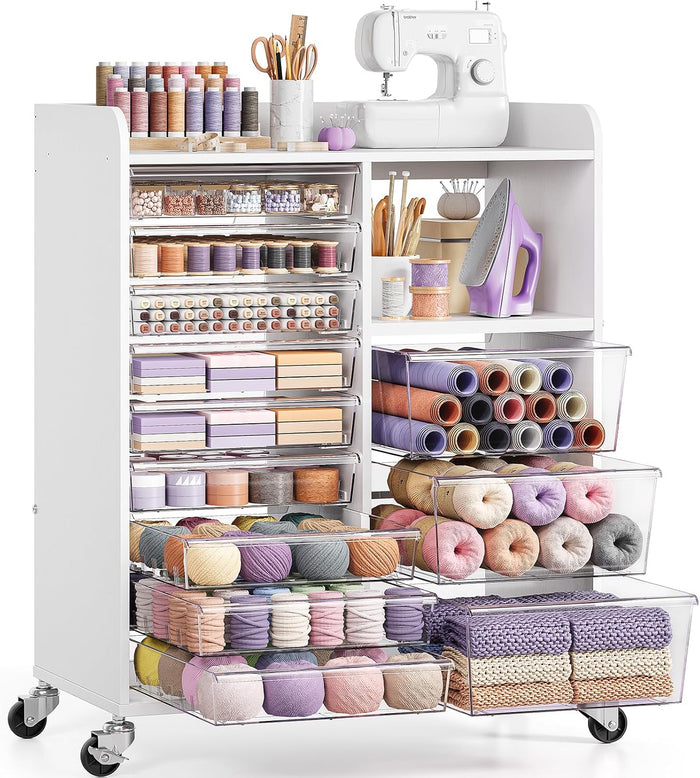 APEXCHASER 12-Drawer Storage Cabinet with Wooden Top and Open Shelf, White