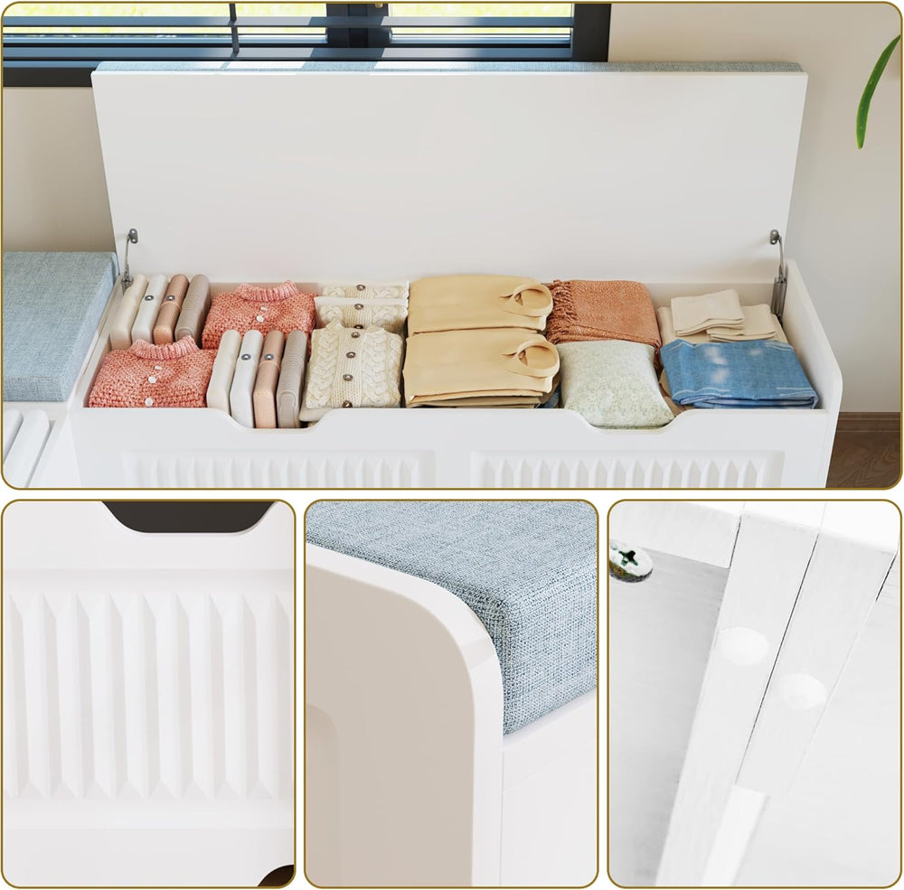 White L-Shaped Storage Bench with Hidden Storage Space