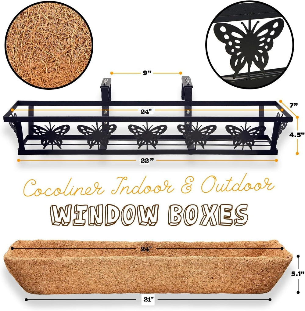 2-Pack 24IN Window Box Railing Hanging Planter Coco Liner Basket, S2