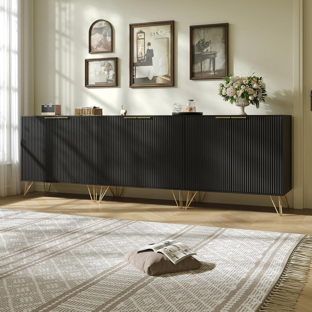 Storage Cabinet with 2 Fluted Doors and Adjustable Shelves, Black, 2pcs丨Moder...