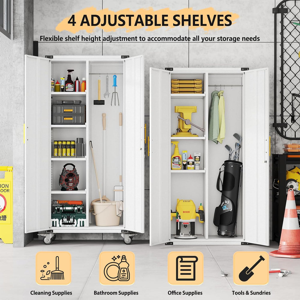 pozdeg 71" Rolling Lockable Metal Broom Closet Storage Cabinet, Grey White