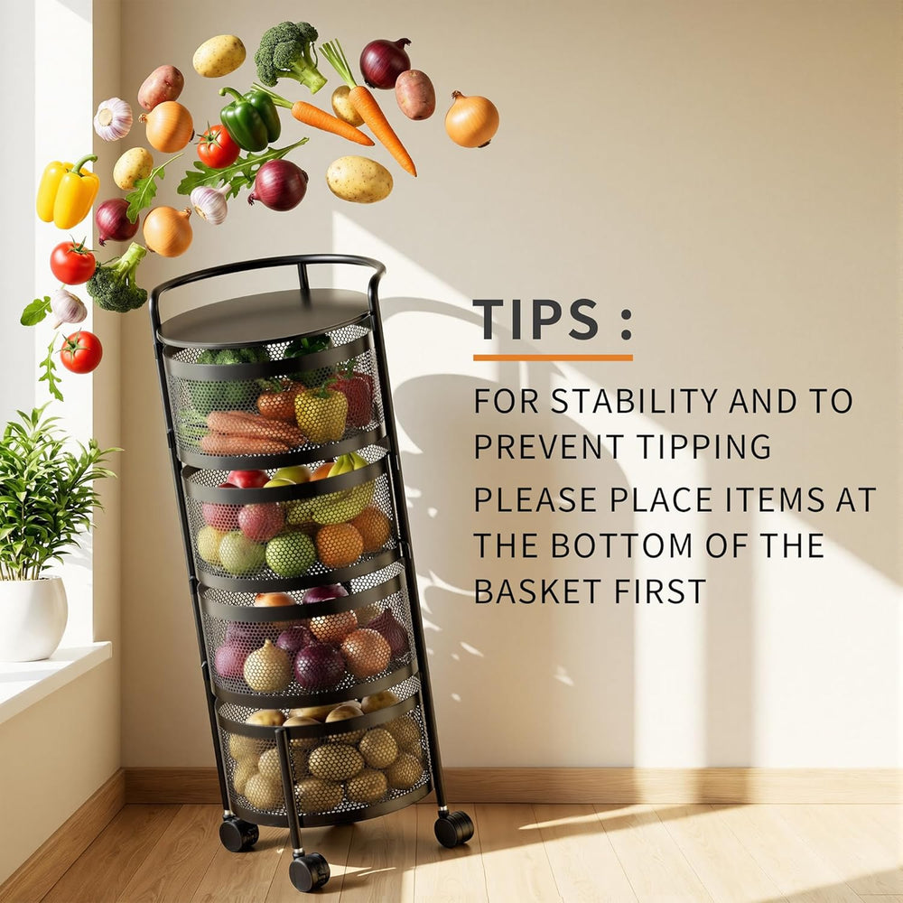 JAQ No Assembly Rotating Kitchen Storage Rack, 4-Tier Metal Basket Organizer ...