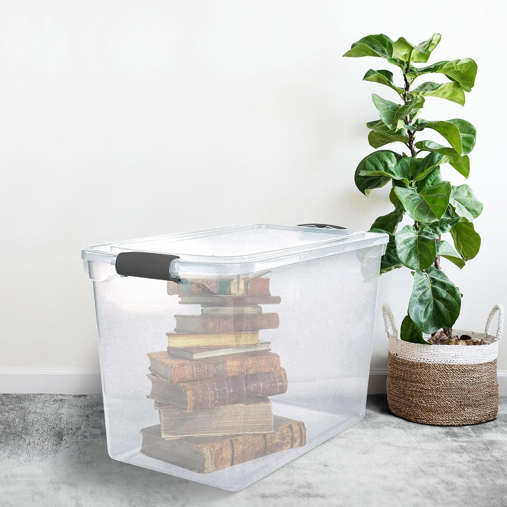 HOMZ 4-Pack Secure Latch, Clear Plastic Storage Organizer Bins, 112 Quart, Gr...