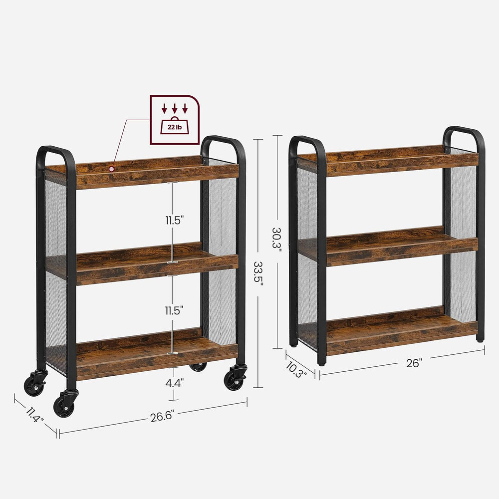 VASAGLE 3-Tier Narrow Storage Cart, Rolling Cart with Wheels, Steel Frame