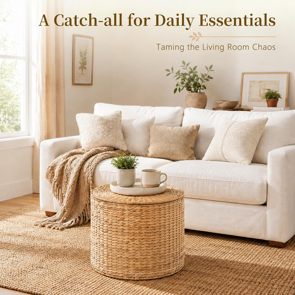 Round Water Hyacinth Storage Ottoman with Lid
