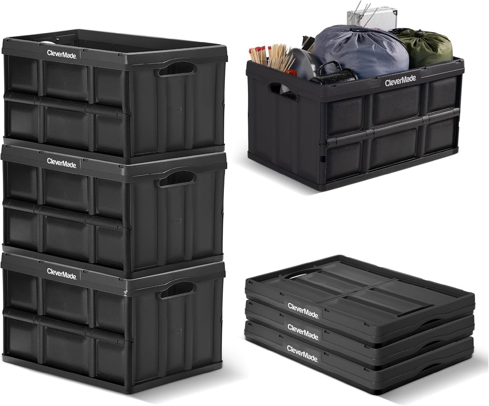 CleverMade Collapsible Storage Bins, 62L 3 Pack, 100 lb Stackable, Obsidian
