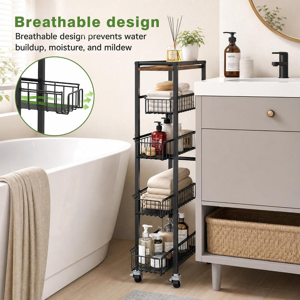 5-Tier Slim Rolling Cart Kitchen Utility Cart, Narrow Kitchen Cabinet with 4 ...