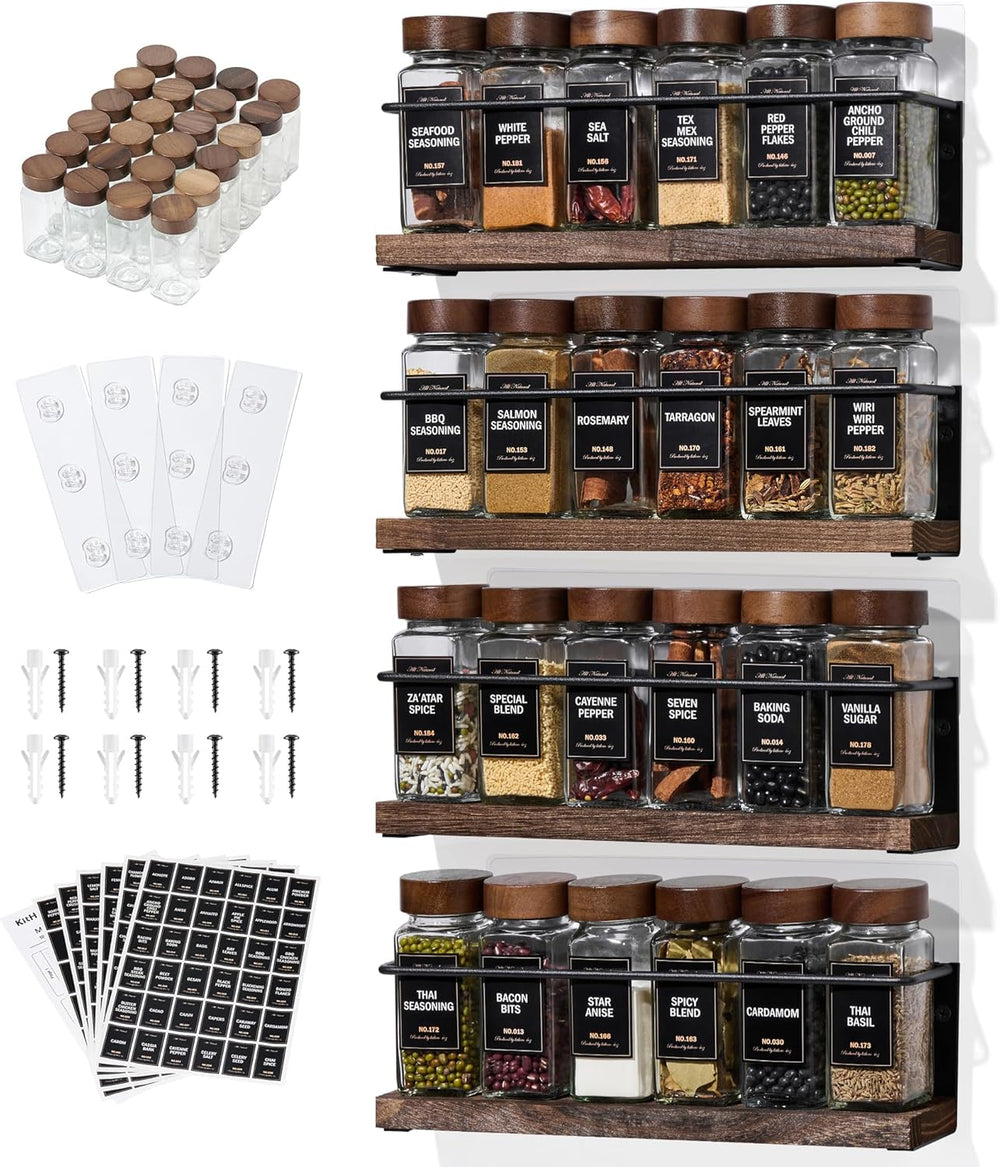 4-Tier Wall Mount Spice Rack Organizer with 24 Glass Jars, 216 Labels & F...