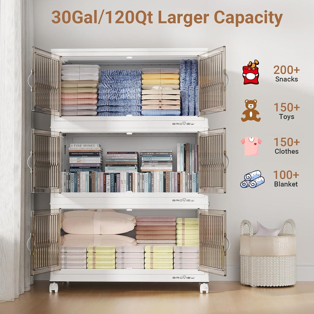 BROVIEW 480Qt Stackable Storage Bins with Lid for Home Dorm, 4Pack White