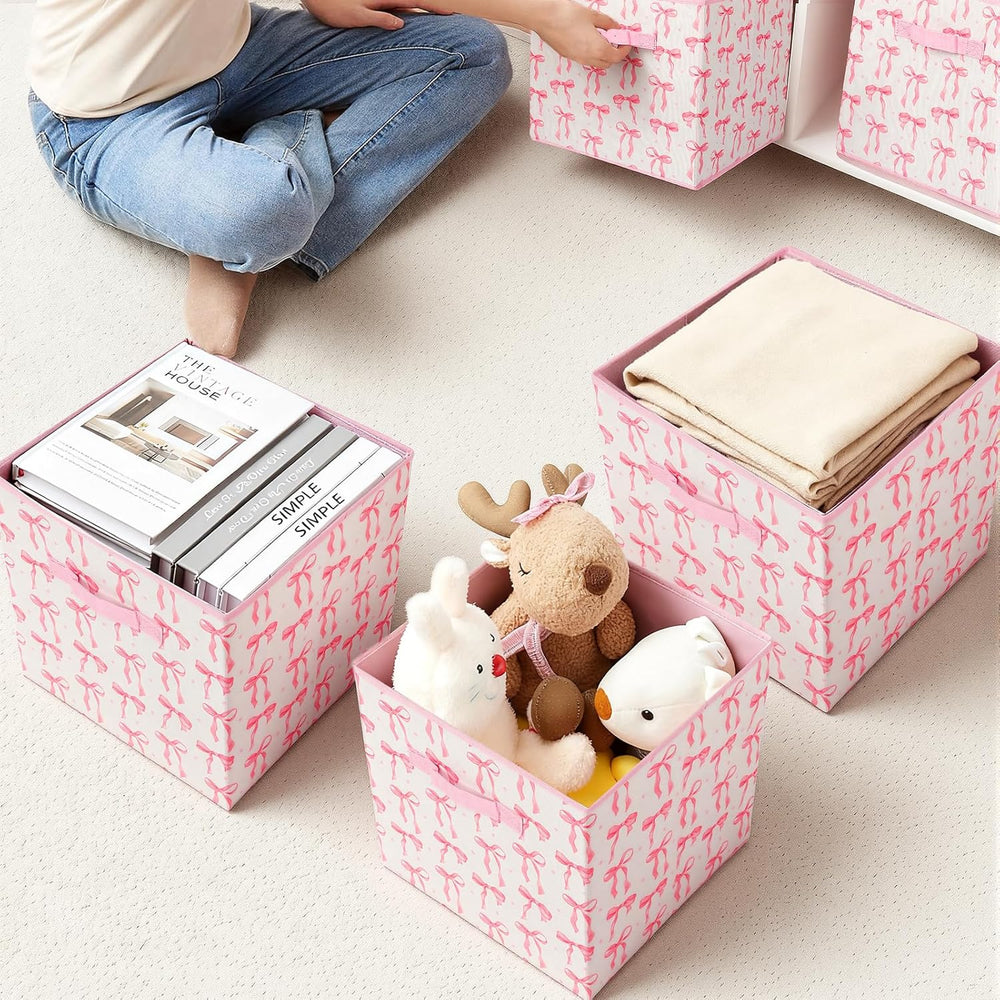 6 Pcs Pink Bow Cube Storage Bins 12.5 Inch Pink Storage Basket with Handle, P...