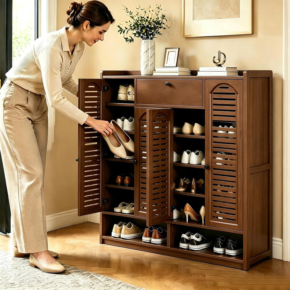7-Tier Bamboo Shoe Cabinet,Shoe Storage Cabinet with Doors, 25-30 Pairs Frees...