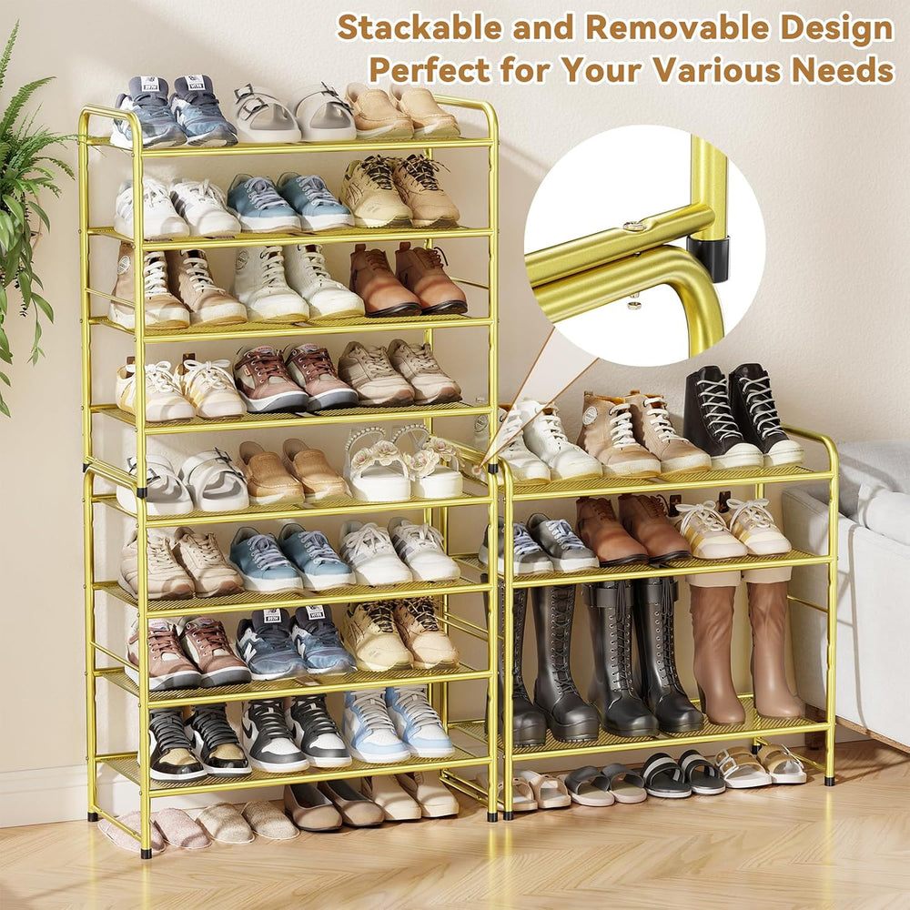 Modern Shoe Rack, 4 Tier Heavy Duty Metal Mesh Shoe Shelf 27 Inch Wide, Gold