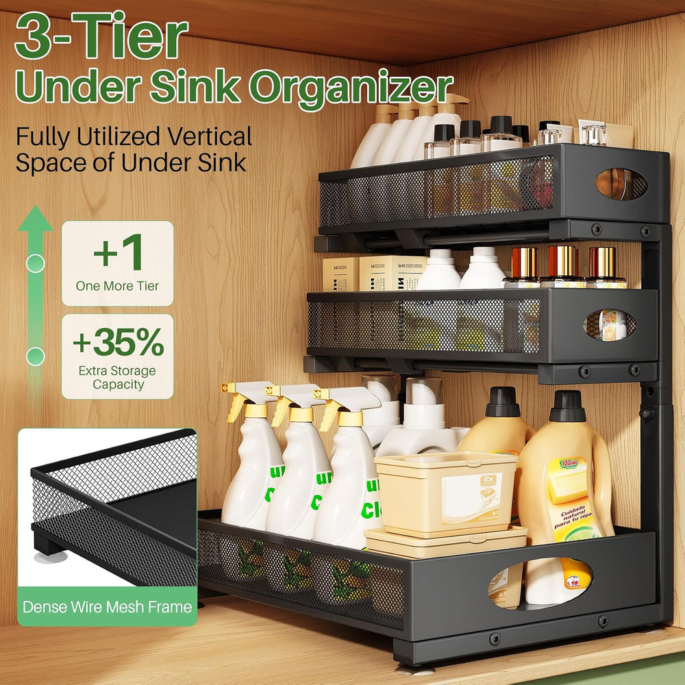 Kitstorack Under Sink Organizer 3-Tier Slide Out Drawer 2-Pack Black