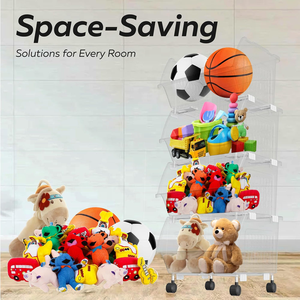 Large Stackable Storage Bins Open Front with Wheels, 8 Pack - Clear