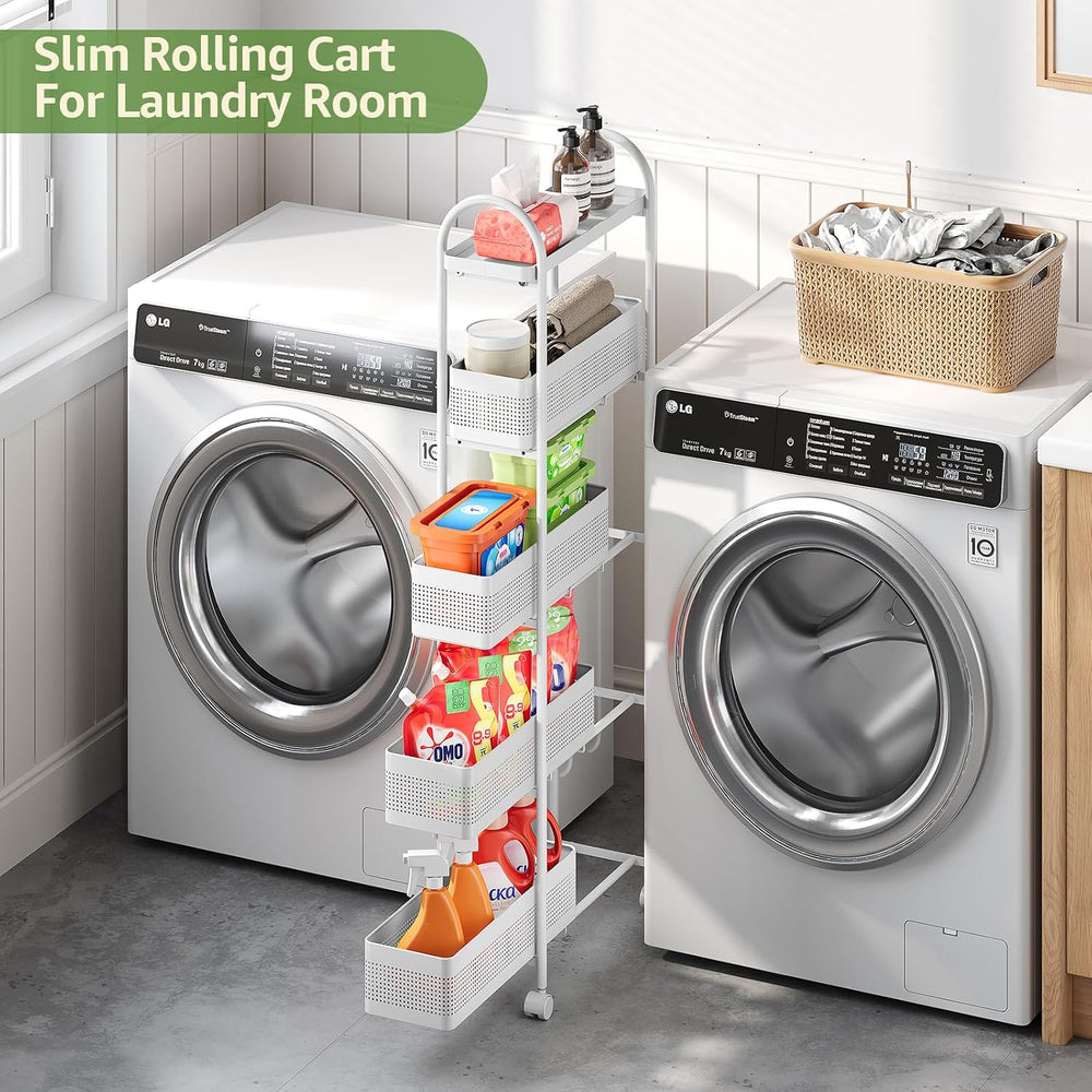 KINGRACK 5 Tier Slim Rolling Cart with Drawer, Metal Utility Storage Cart | 4...