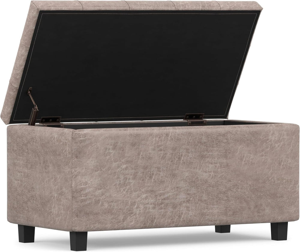SIMPLIHOME Cosmopolitan 34" Wide Vegan Leather Storage Ottoman in Grey