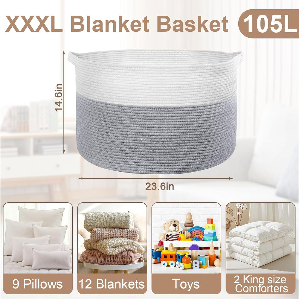 105L Large Blanket Basket Storage with Handles - White & Gray