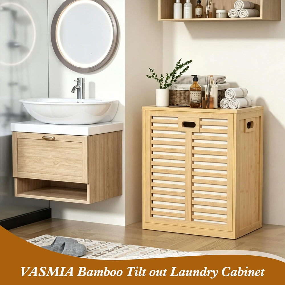 VASMIA Tilt Out Laundry Hamper, Bamboo Laundry Cabinet with Hidden Removable ...