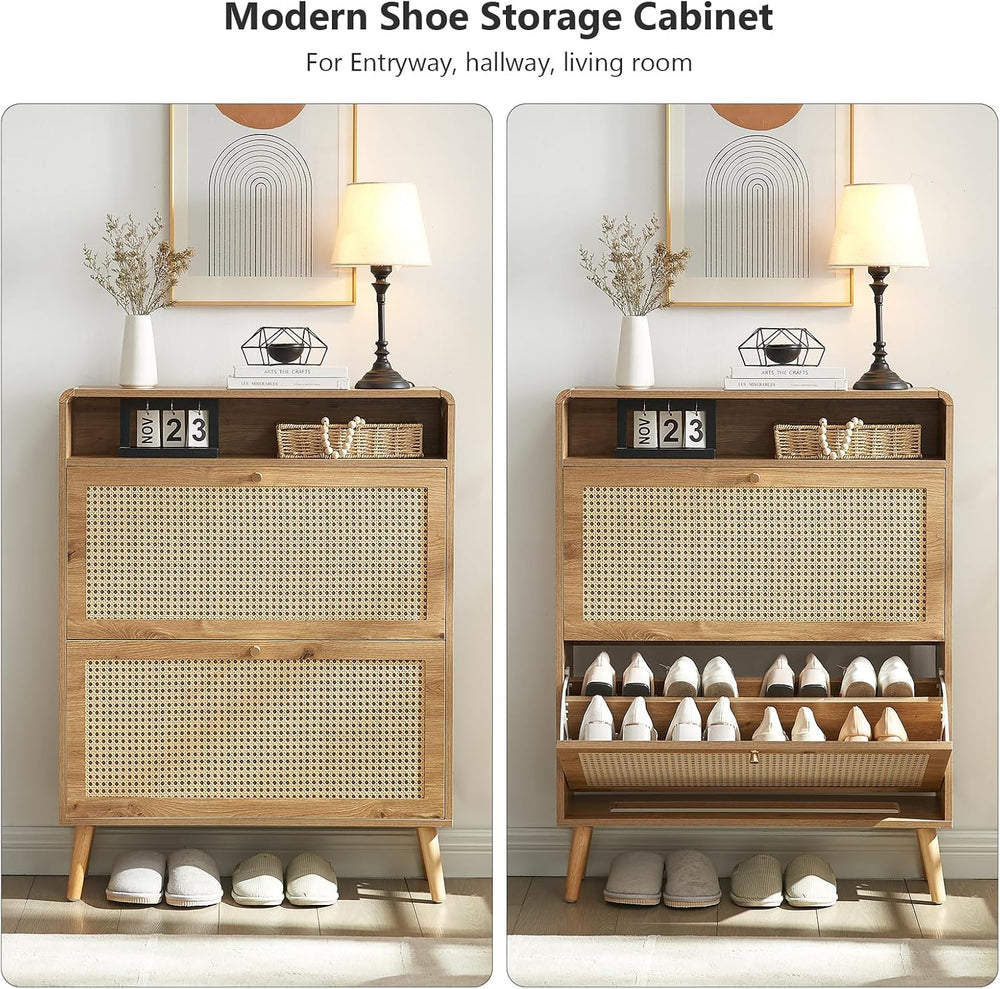 Hommoo Rattan Shoe Storage Cabinet with 2 Flip Doors, Wood Narrow Shoes Cabin...