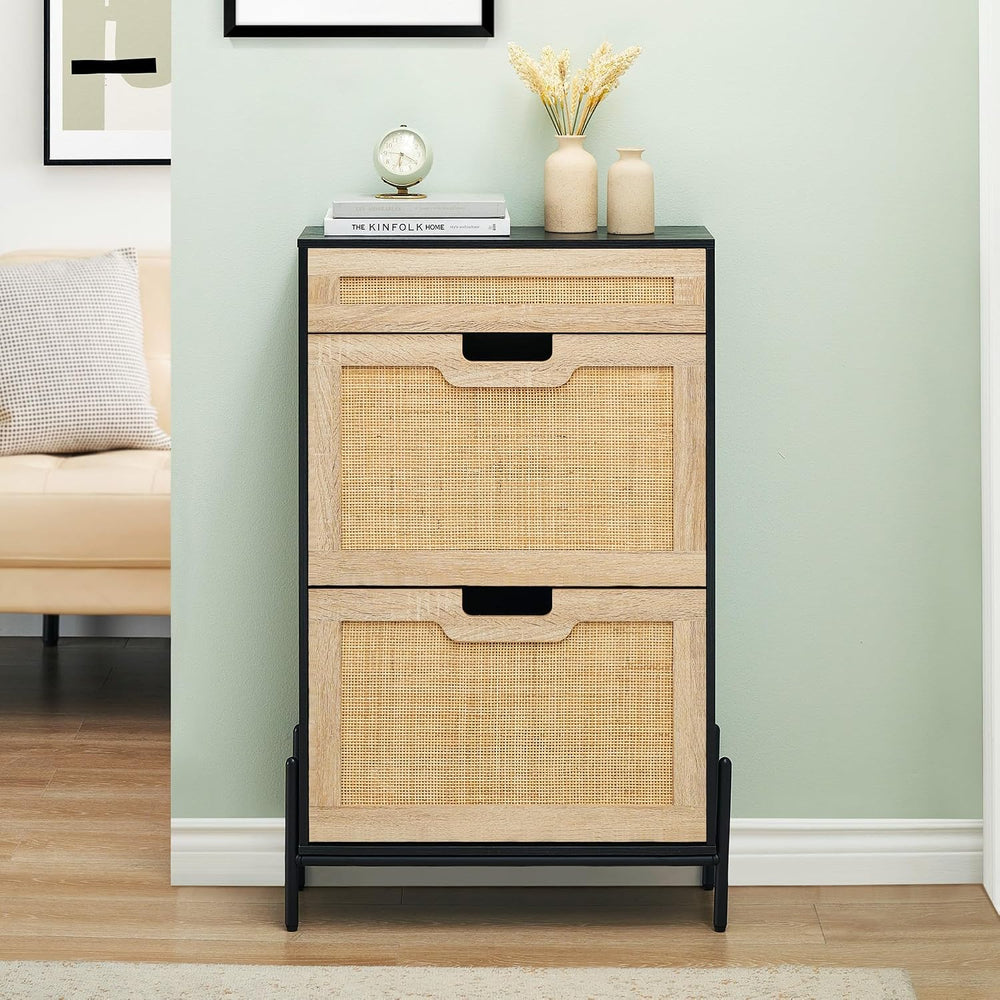 GAOMON Natural Rattan 2 Flip Door with 1 Drawer Shoe Rack Storage Cabinet, Sh...