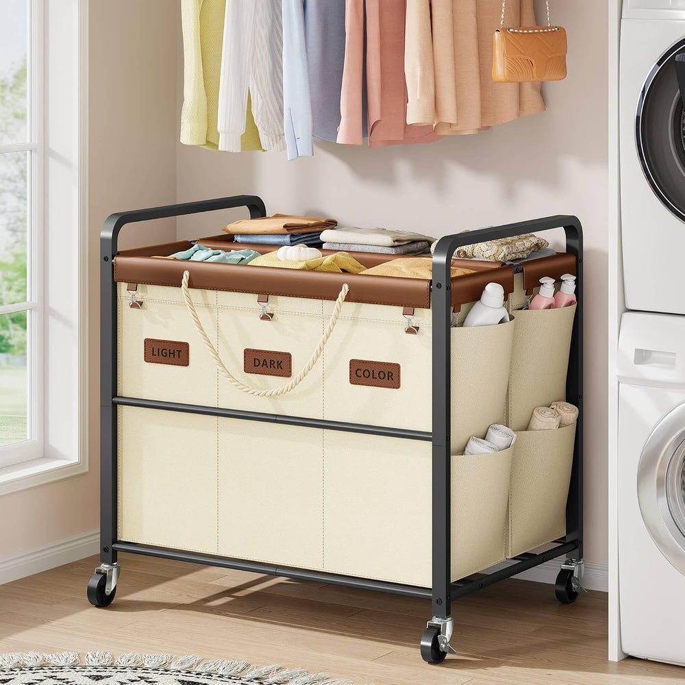 Tajsoon 350L Extra Large Laundry Cart, Laundry Hamper 6 Section, Beige