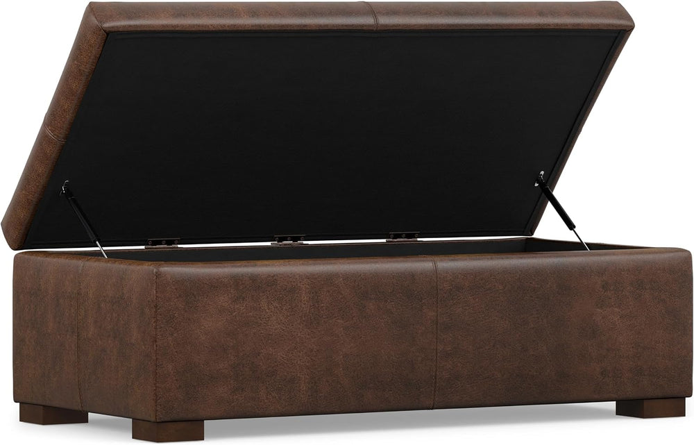 SIMPLIHOME Gabbie 48" Wide Vegan Leather Storage Ottoman in Chestnut Brown