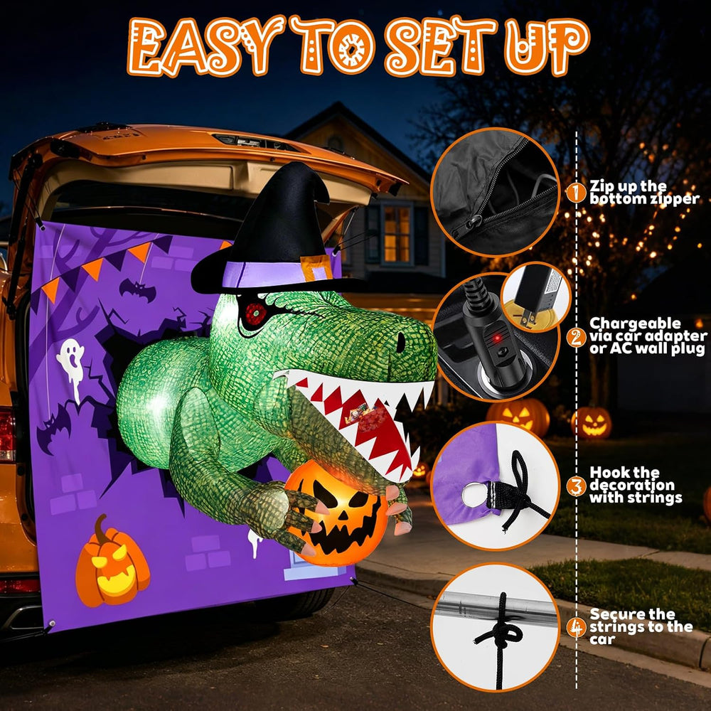 4 Ft Animated Trunk or Treat Car Inflatable Dinosaur,Halloween Trunk or Treat...