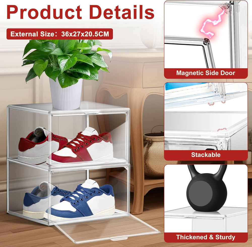 12 Pack Clear Plastic Shoe Organizer, Acrylic Magnetic Door, Fit Size 12