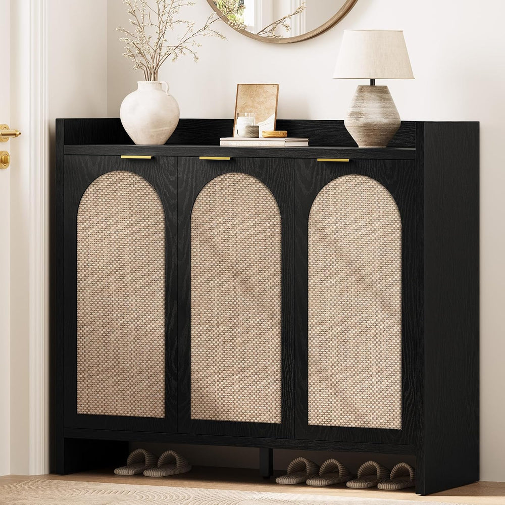 Shoe Cabinet Storage for Entryway - Rattan Accent Cabinet with 3 Doors & ...