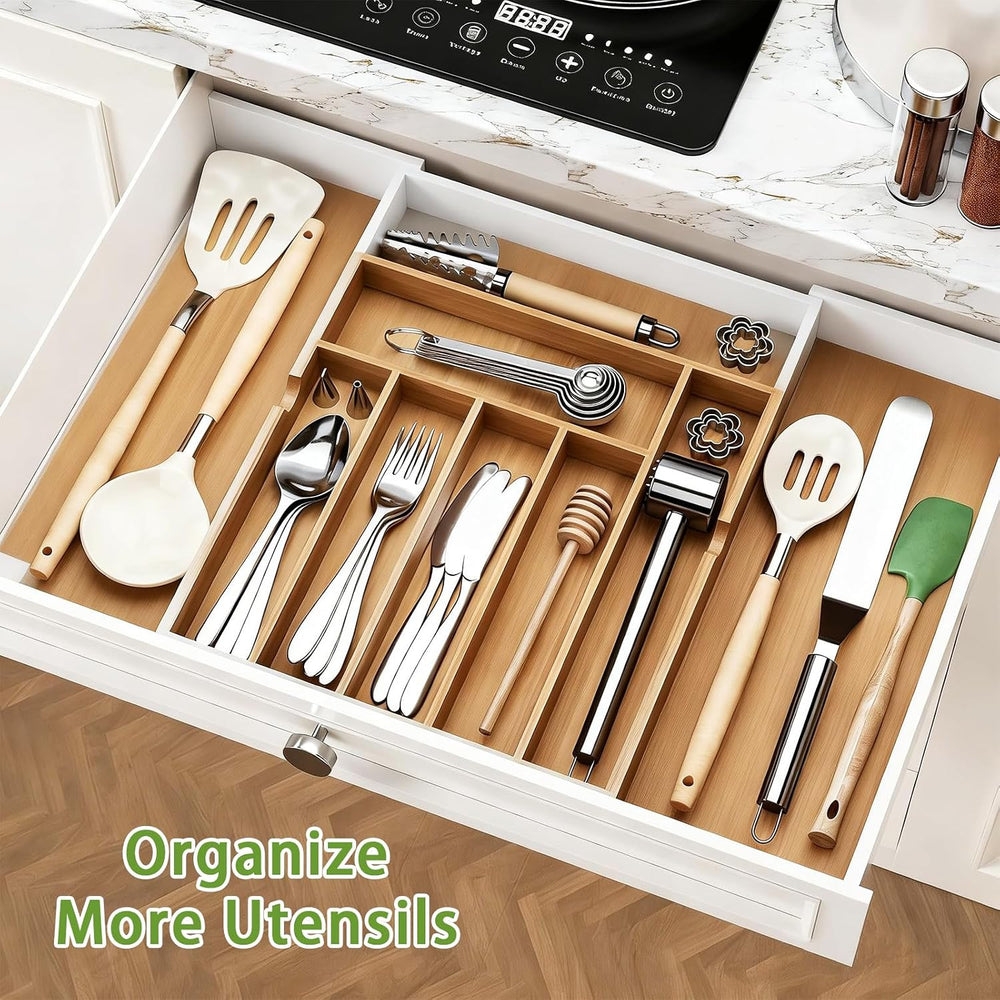 Bamboo Expandable Silverware Drawer Organizer, Adjustable Utensil Tray Cutler...