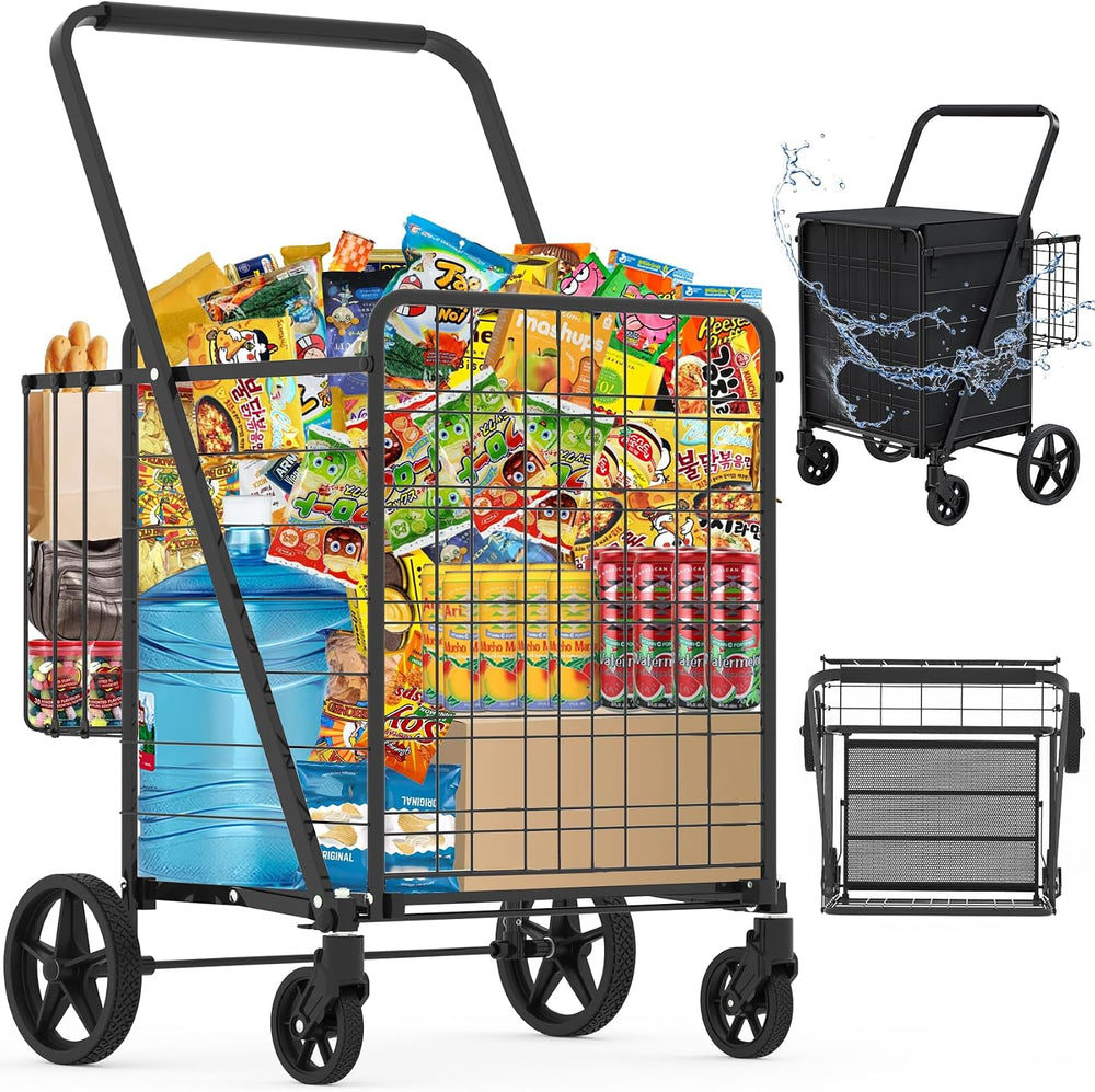 Heavy Duty Folding Shopping Cart with 360° Swivel Wheels, Super Jumbo