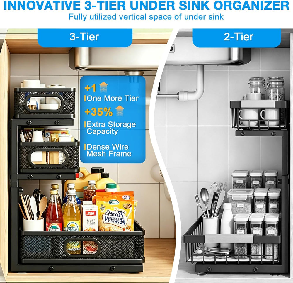 Under Sink Organizer,3-Tier Thickened Metal Pull out Cabinet OrganizerShelf